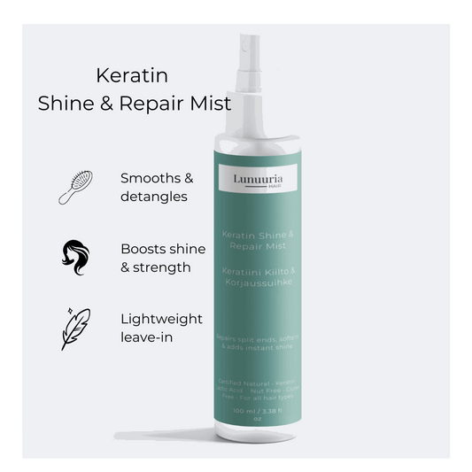 Lunuuria Keratin Shine & Repair Spray 100ml Smooth, shiny and manageable hair – for everyday finishing touches. Hair can feel heavy, frizzy or staticky after washing. The lengths and ends of your hair need a light, nourishing finish that leaves your hair manageable, smooth and shiny.