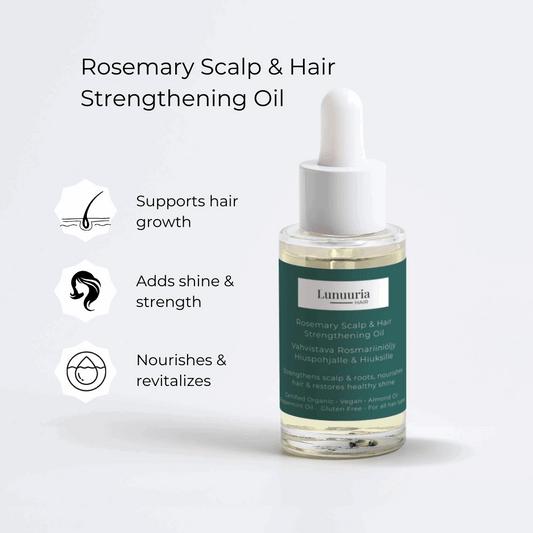 Lunuuria Strengthening Rosemary Oil is rich, supports scalp health and hair strength. Rosemary oil stimulates microcirculation and supports natural hair growth Peppermint invigorates and brings a fresh feeling to the scalp Almond, argan and avocado oils nourish and protect the scalp, support hair elasticity and prevent breakage Clove and citrus extracts support the scalp's natural protective layer and skin elasticity The oil is absorbed quickly, is not greasy and does not make hair feel heavy.