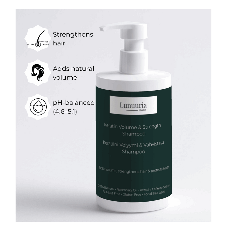 Keratin Volumen- & Stärkungsshampoo 390 ml – Produktbild mit den wichtigsten Eigenschaften