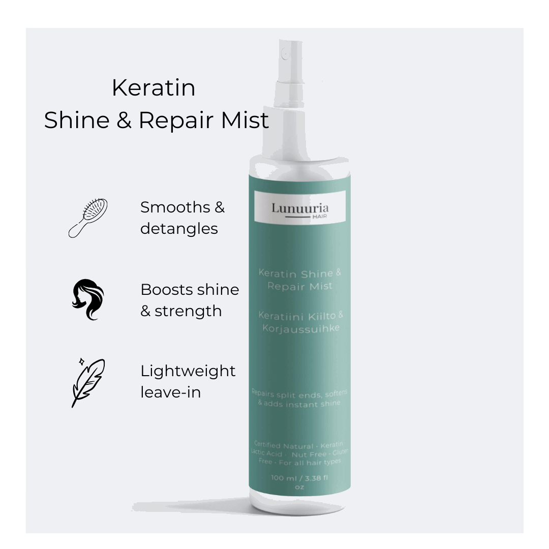 Lunuuria Keratin Shine & Repair Spray 100ml Smooth, shiny and manageable hair – for everyday finishing touches. Hair can feel heavy, frizzy or staticky after washing. The lengths and ends of your hair need a light, nourishing finish that leaves your hair manageable, smooth and shiny.