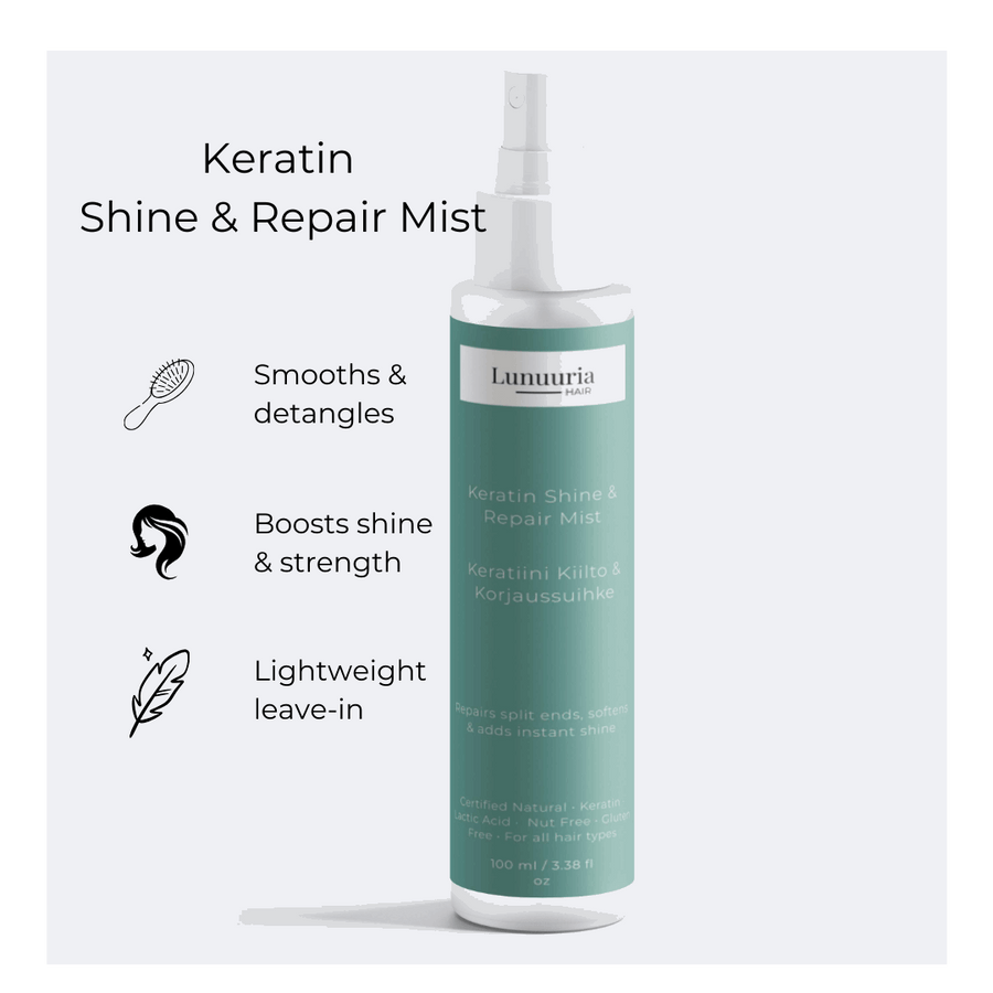 Keratin Glanz- & Reparaturspray 100 ml – Produktbild mit den wichtigsten Eigenschaften