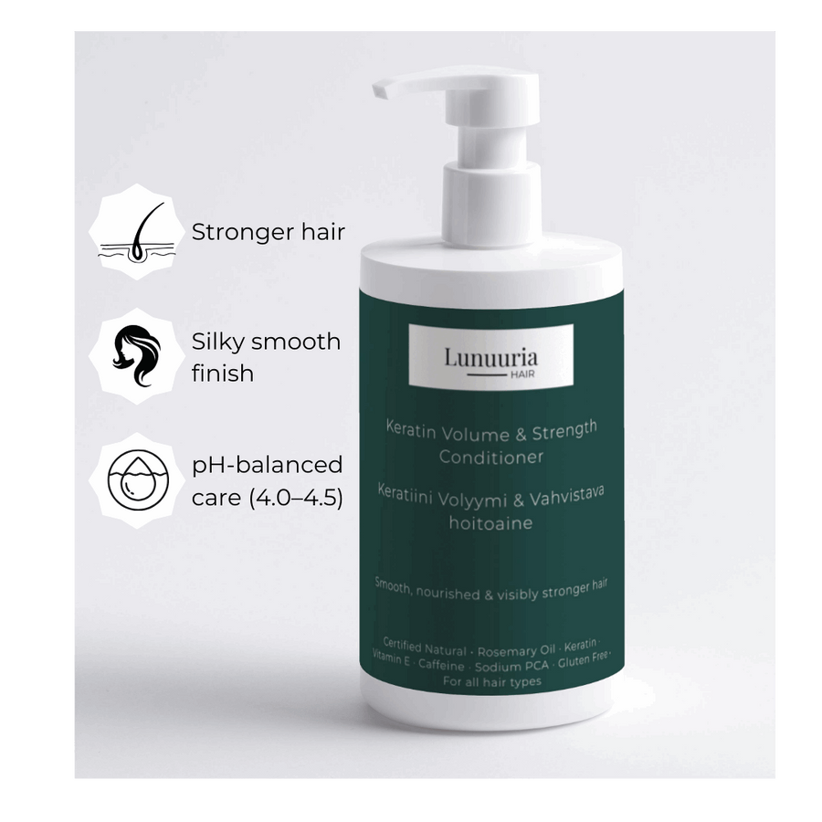 Keratin Volumen- & Stärkungsconditioner 390 ml – Produktbild mit den wichtigsten Eigenschaften