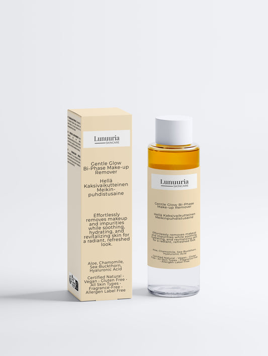 Lunuuria Hellä Bi-Phase kaksivaikutteinen meikinpuhdistuaine 100 ml on hellävarainen mutta tehokas kaksivaikutteinen meikinpoistoaine, joka poistaa meikin, aurinkovoiteen ja päivän epäpuhtaudet ilman hankaamista ja ilman kuivattavaa tunnetta. Iho jää puhdistuksen jälkeen pehmeäksi, rauhoittuneeksi ja luonnollisen tasapainoiseksi.