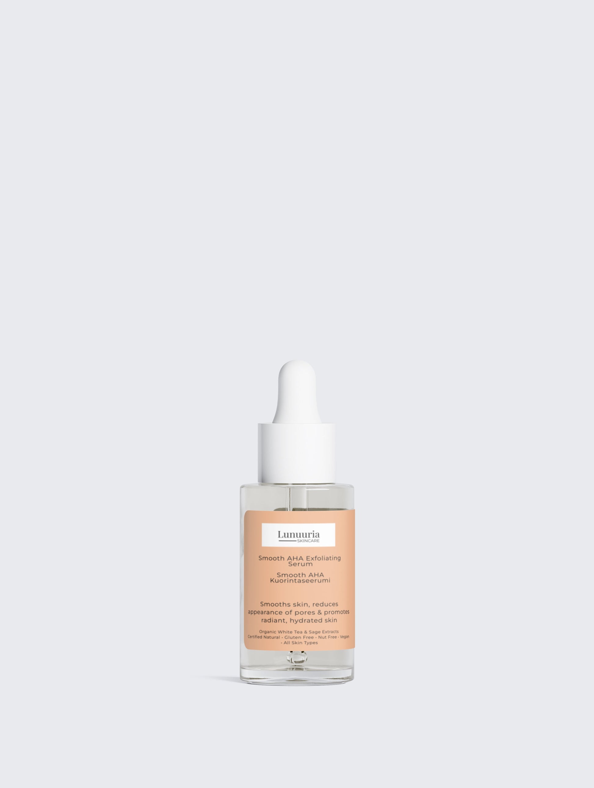  Smooth AHA Kuorintaseerumi 30 ml on tehokkaasti kirkastava ja kosteuttava AHA-kuorintaseerumi, joka auttaa vähentämään sameutta, epäpuhtauksia, pigmenttimuutoksia, tukkeutuneita ihohuokosia sekä ensimmäisiä ikääntymisen merkkejä. 10% maitohappoa ja 1% hyaluronihappoa sisältävä koostumus kuorii hellävaraisesti, tukee ihon luonnollista uusiutumista ja auttaa paljastamaan tasaisemman, heleämmän ja sileämmän ihon.