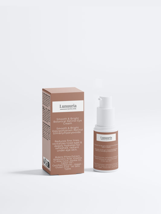 Lunuuria Smooth &Bright kasvipohjainen retinol silmänympärysvoide15 ml on tehokas silmänympärysvoide juonteille, väsymyksen merkeille ja kuivalle silmänympärysiholle. Se auttaa silottamaan hienojen juonteiden näkyvyyttä, kirkastaa katsetta ja kosteuttaa herkkää silmänympärysihoa ilman perinteisen retinolin ärsytystä.