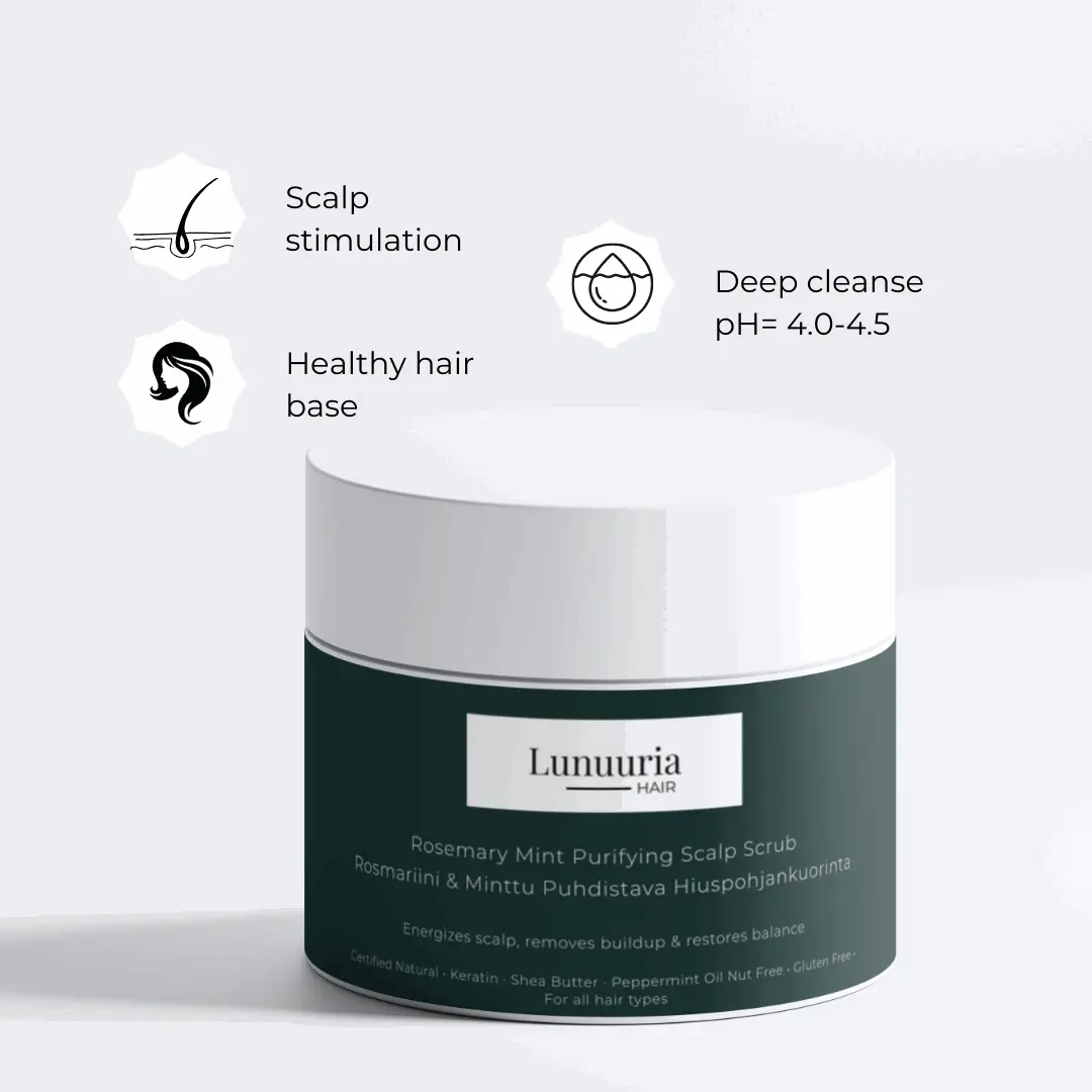 · Gently removes dead skin cells and sebum deposits · Prevents scalp blockages and imbalances Supports hair growth and natural volume · Soothes and refreshes the scalp with rosemary and mint oils · Improves the effectiveness of shampoo and conditioner · Does not dry out or damage the scalp's natural protective layer COSMOS Natural – Ecocert certified • Nut-free • Gluten-free