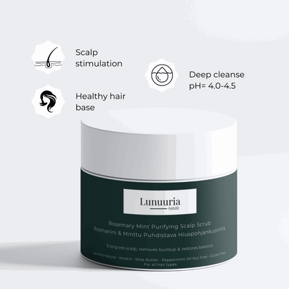 · Gently removes dead skin cells and sebum deposits · Prevents scalp blockages and imbalances Supports hair growth and natural volume · Soothes and refreshes the scalp with rosemary and mint oils · Improves the effectiveness of shampoo and conditioner · Does not dry out or damage the scalp's natural protective layer COSMOS Natural – Ecocert certified • Nut-free • Gluten-free